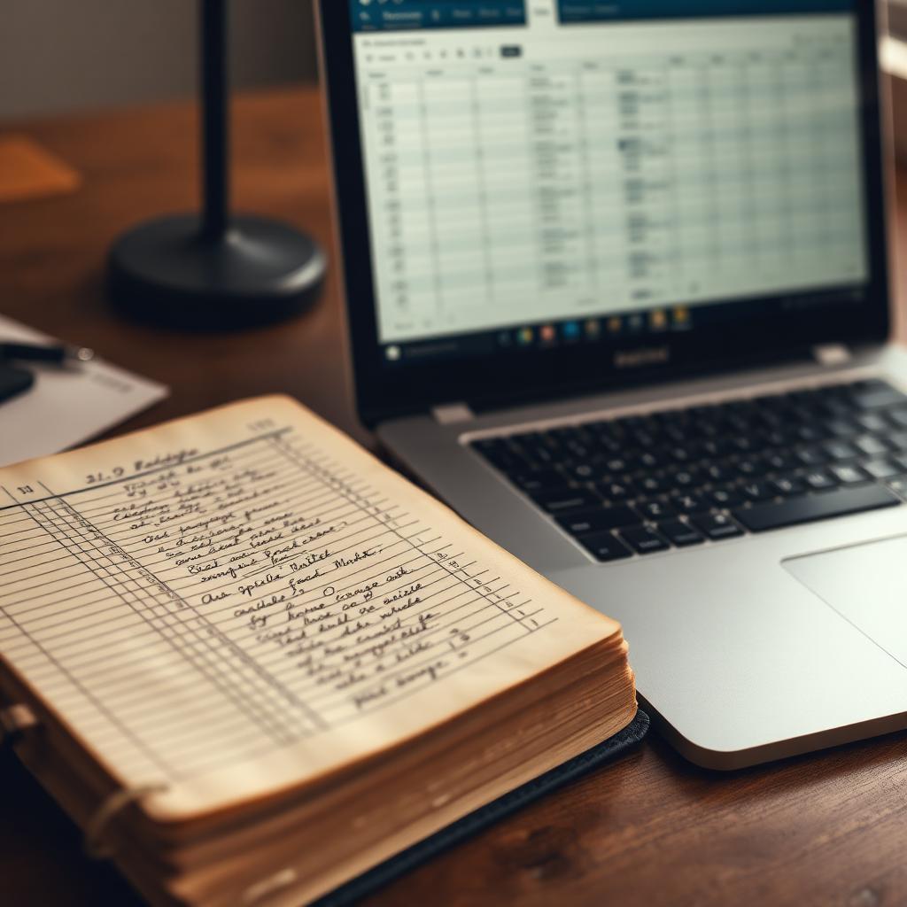 El yazısı defter ve modern bilgisayar ekranını birlikte gösteren fotoğraf